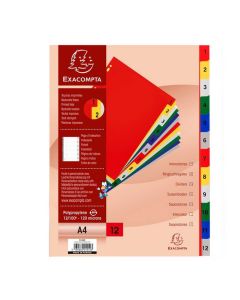 Jeu de 12 Intercalaires numériques en PP - Assortiment - 1 à 12 - 225 x 297 mm EXACOMPTA