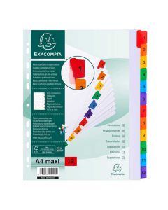 Jeu de 12 Intercalaires numériques avec touches couleurs - 1 à 12 - 245 x 297 mm A4 maxi : EXACOMPTA